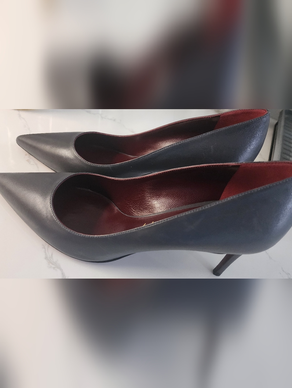 Classic Pointed-Toe Leather Pumps in Dark Gray with Red Lining